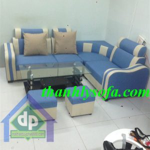 Thanh lý bộ sofa góc nỉ xanh sọc trắng mới 100%